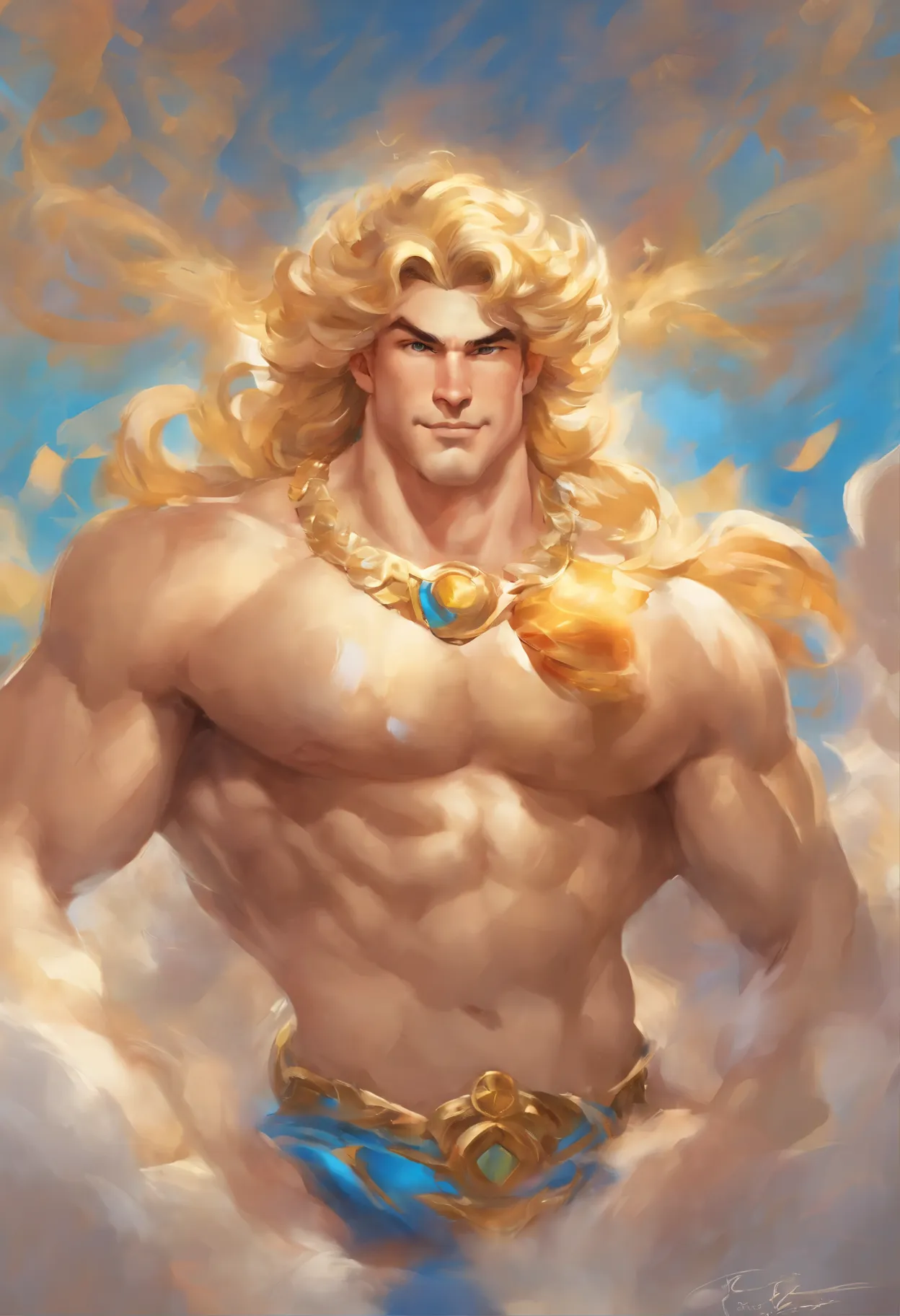 Portrait of an elegant beautifull mighty God unleashing all his powers, digital painting in the style of Robert Liberace, dynamic action poses of stout god apollo, god of light a d art, greek god, blond hair, male, youbg, handsome, upper body, muscular, ha...