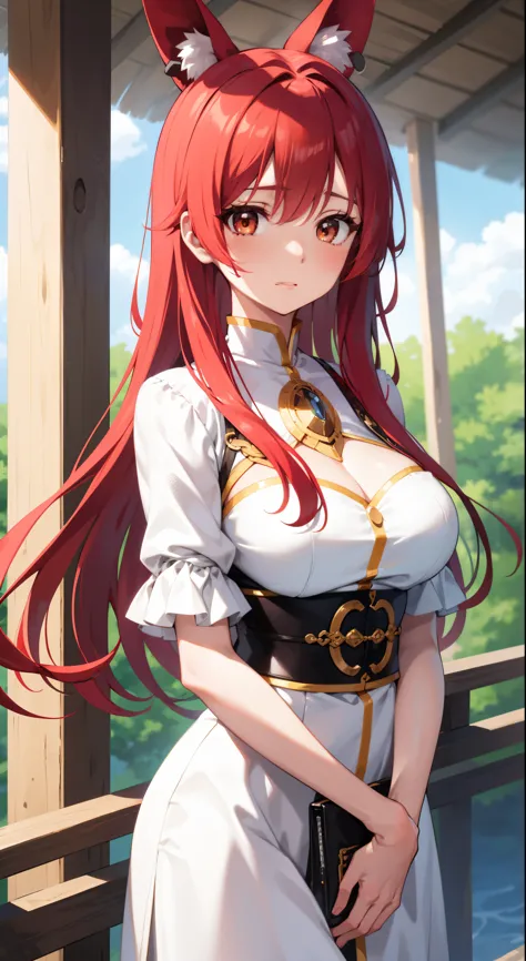 Mayumi, a young woman with vibrant red pupils and sunny yellow hair, sat alone in a serene environment. The side of her head was adorned with a beautiful, intricately woven side braid. Unusual animal ears sprouted from her head, adding an enchanting touch ...