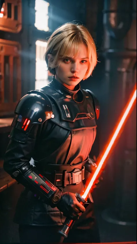 15 years old, short bob cut blonde hair, bang, fierce expression, sith lord from star wars, wearing dark armor, holding a red li...