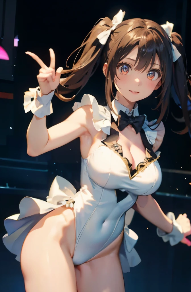 girl、Cute magician girl wearing a white tuxedo-style leotard、smile、Looks baby-faced and young、Idol level cuteness、brown hair twintails、Slender but big breasts、healthy thighs、White tuxedo style leotard、cowboy shot anatomically correct、precise fingers、precise fingerasterpiece、photo reality、