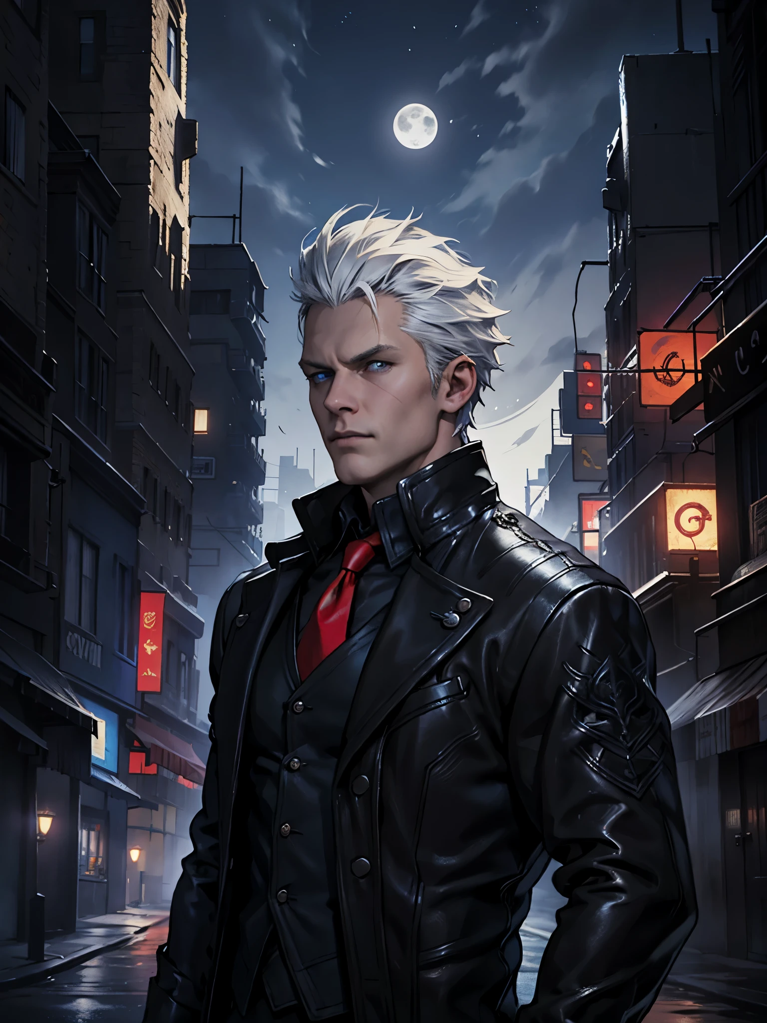 male, white hair combed back, blue eyes, black leather jacket, black shirt, red tie, red vest, detailed eye. City at night background. full moon.