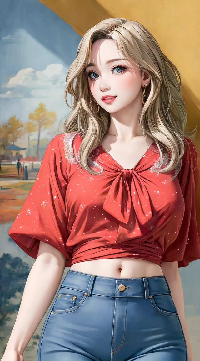 (highest quality, masterpiece, Very detailed, Realistic:1.3), Wavy Hair, Wide Hips, Printed blouse, jeans, City Park
