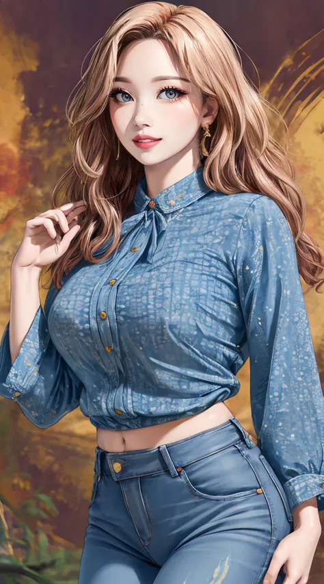(highest quality, masterpiece, Very detailed, Realistic:1.3), Wavy Hair, Wide Hips, Printed blouse, jeans, City Park
