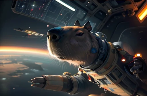 cockpit view, anthro (capybara:1.3) in rebel pilot suit, space battle, lasers, cartoon style anime