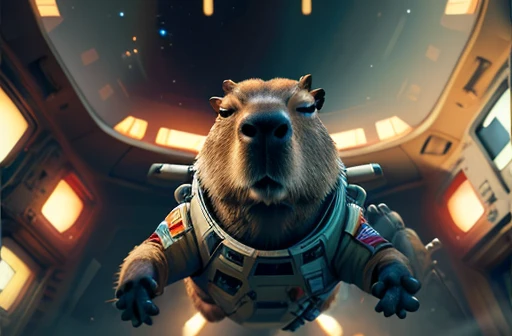 cockpit view, anthro (capybara:1.3) in rebel pilot suit, space battle, lasers, cartoon style anime