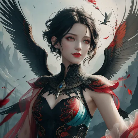 Colorful beautiful sirin: Black ink flow: 8k resolution photorealistic masterpiece: by Aaron Horkey and Jeremy Mann: intricately...