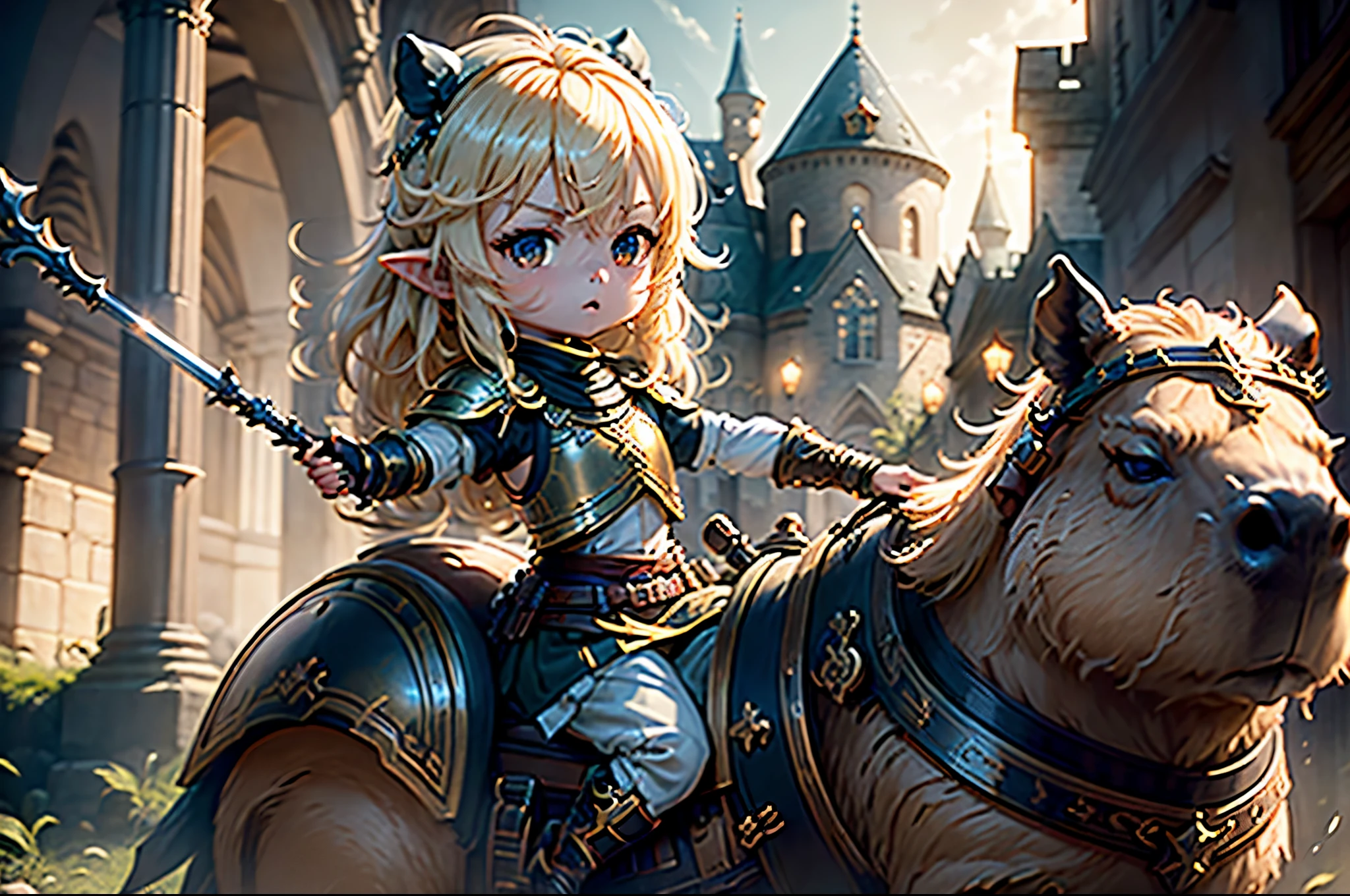 #quality(8k,wallpaper of extremely detailed CG unit, ​masterpiece,hight resolution,top-quality,top-quality real texture skin,hyper realisitic,increase the resolution,RAW photos,best qualtiy,highly detailed,the wallpaper,cinematic lighting,ray trace,golden ratio,), BREAK ,(the 1chibi elf knight is riding on 1capybara as cavalryman and attacking enemies),#1chibi elf(chibi,cute,kawaii,elf,blonde hair,hair floating,knight,white armor,holding spear),#1capybara(armored,cute,kawaii,furry),#background(outside,can see the castle far,at battlefield),fullbody