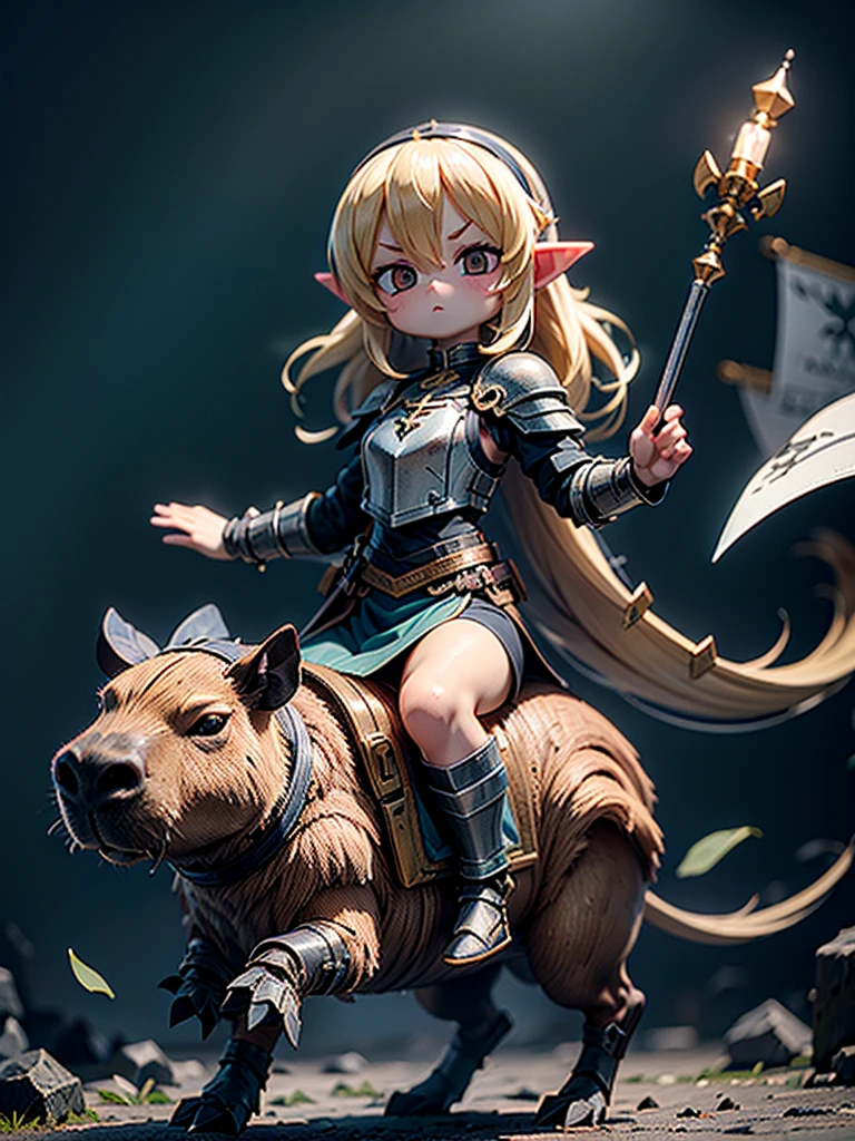 #quality(8k,wallpaper of extremely detailed CG unit, ​masterpiece,hight resolution,top-quality,top-quality real texture skin,hyper realisitic,increase the resolution,RAW photos,best qualtiy,highly detailed,the wallpaper,cinematic lighting,ray trace,golden ratio,), BREAK ,(the 1chibi elf knight is riding on 1capybara as cavalryman and attacking enemies),#1chibi elf(chibi,cute,kawaii,elf,blonde hair,hair floating,knight,white armor,holding spear),#1capybara(armored,cute,kawaii,furry),#background(outside,can see the castle far,at battlefield),fullbody