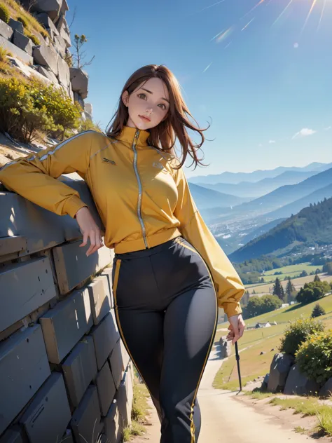highest quality, masterpiece, Highly detailed background, Majestic Mountain々Back view of a girl walking up a slope leading to, ((Climber-style outfit with long sleeves and trousers in sportswear)), A human figure stretching out in the sunlight shining from...