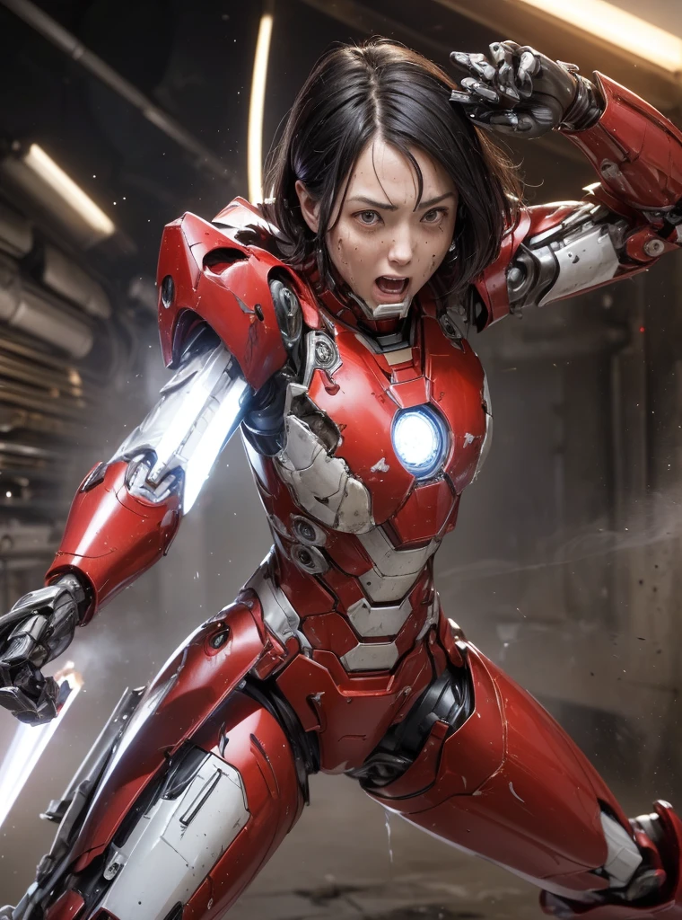  Very detailed, Advanced Details, high quality, 最high quality, High resolution, 1080p, hard disk, beautiful,(Sweaty face,she&#39;Equipped with a severely damaged mech,Full Body Shot　Wearing a bright red Iron Man suit　short hair　Black Hair　Kindergarten girl　Spread your legs wide　Do not expose skin except for the face　Steam coming out of the head　　Full-face mechanical helmets expose only the face　Steam coming out of the head　open one&#39;s mouth in disgust　Losing the battle　The armor is badly damaged　Pieces of armor fly off　I&#39;Under attack.　My glasses broke. I got stabbed with a sword.