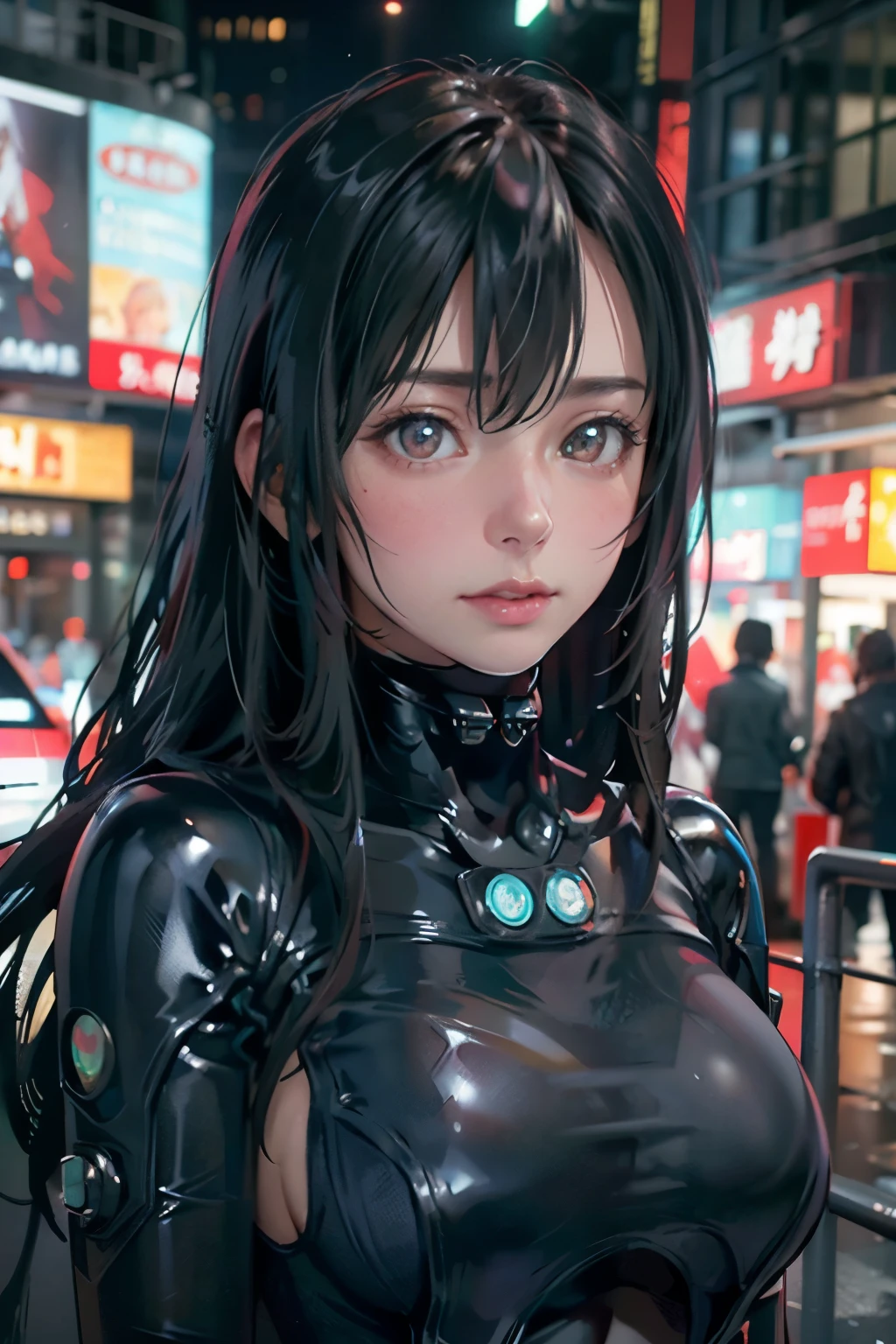 (photorealistic, realistic:1.2), (textured skin:1.2), HDR, realistic skin, portrait, upper body,  25mm ,city lights, city, night reika_wz, latex bodysuit, black bodysuite, bodysuit, science fiction, cyberpunk dynamic angle, pov, selfie, japanese girl, cosplay