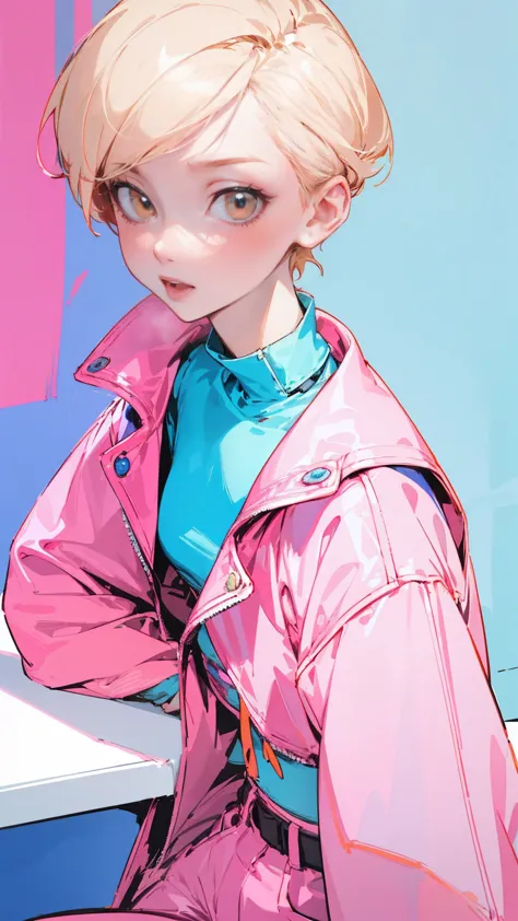 (on the table, best quality) detailed, 1character , blue archive art style , Wearing a light blue jacket, pink belt , Outfit ins...