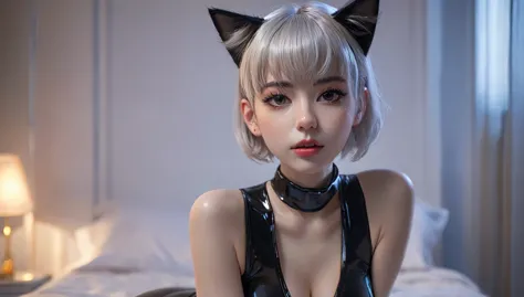 Top Quality, Masterpiece, High Resolution, 8k, (small skinny girl in rubber see through bodysuit, small black collar, cat ears, ...
