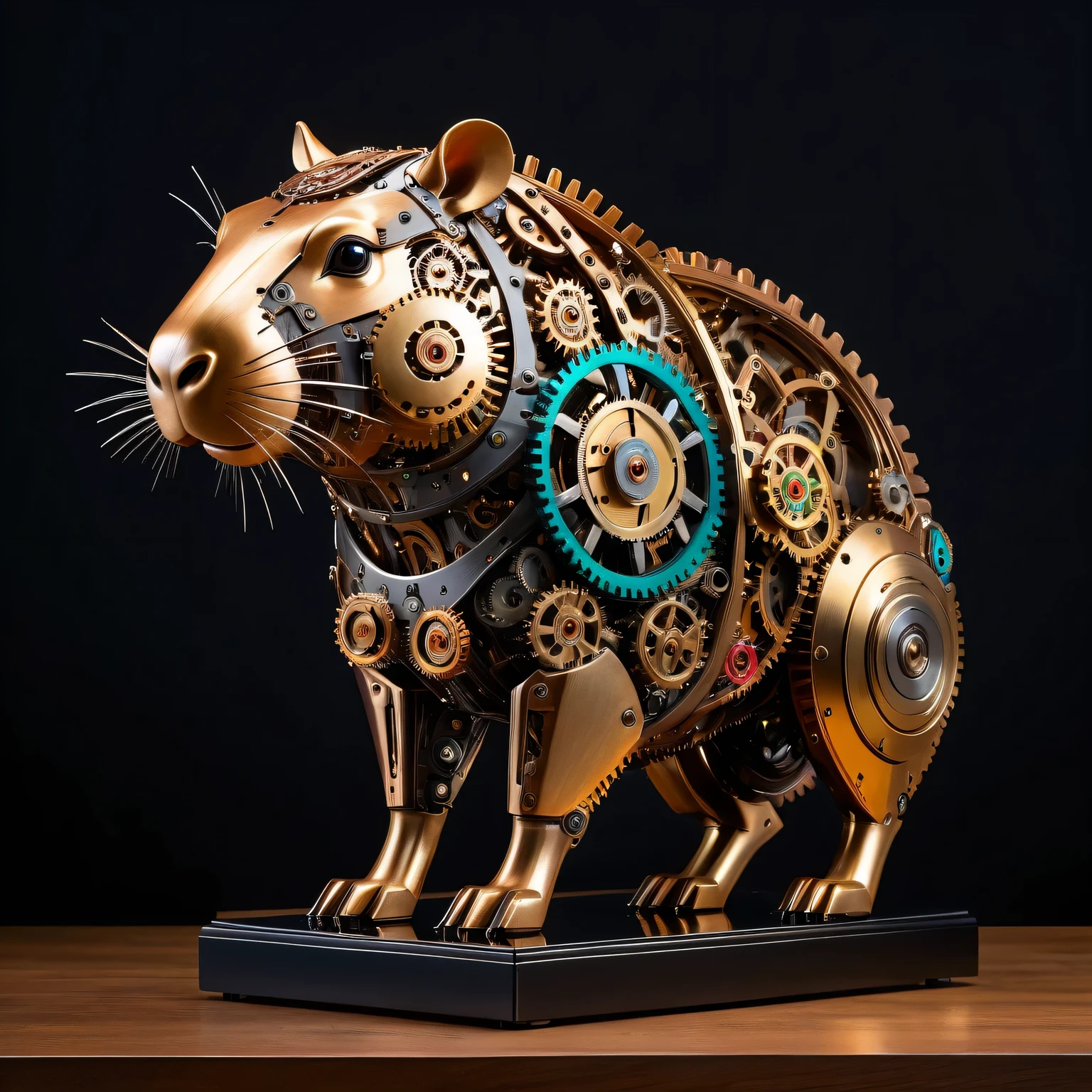 best quality,ultra-detailed,realistic,mechanical,robotic,Capybara sculpture,detailed gears and cogs,stainless steel,moving parts,industrial aesthetic,machinery,steampunk,shiny metallic surface,sharp edges and angles,bright studio lighting,colorful LED lights,mechanical movements,clockwork precision