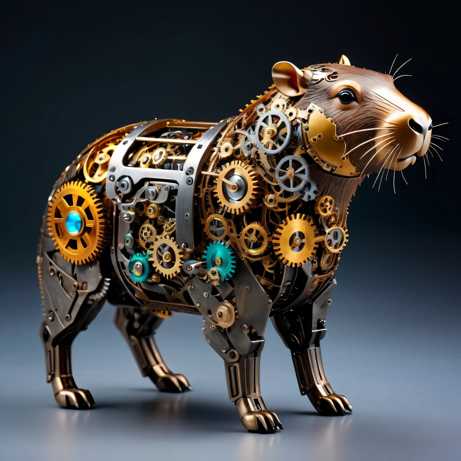 best quality,ultra-detailed,realistic,mechanical,robotic,Capybara sculpture,detailed gears and cogs,stainless steel,moving parts,industrial aesthetic,machinery,steampunk,shiny metallic surface,sharp edges and angles,bright studio lighting,colorful LED lights,mechanical movements,clockwork precision