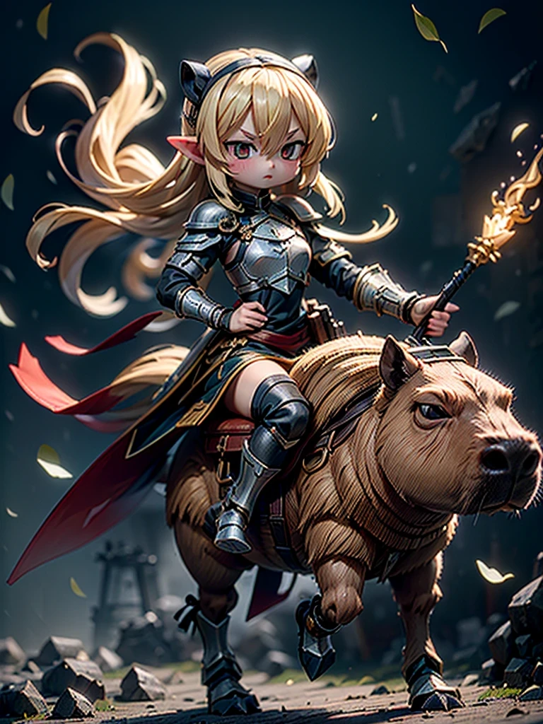 #quality(8k,wallpaper of extremely detailed CG unit, ​masterpiece,hight resolution,top-quality,top-quality real texture skin,hyper realisitic,increase the resolution,RAW photos,best qualtiy,highly detailed,the wallpaper,cinematic lighting,ray trace,golden ratio,), BREAK ,(the 1chibi elf knight is riding on 1capybara as cavalryman and attacking enemies),#1chibi elf(chibi,cute,kawaii,elf,blonde hair,hair floating,knight,white armor,holding spear),#1capybara(armored,cute,kawaii,furry),#background(outside,can see the castle far,at battlefield),fullbody