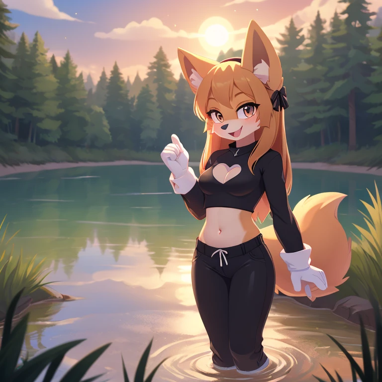 masterpiece, best quality, ultra-detailed, cinematic lighting, beautiful lighting, detailed background, detailed iris, detailed eyes, shading, intricate details, ((sharp, dynamic pose, expressive eyes)), ((4k)), ((2d, 2d art)), digital art, solo, outdoors, 1girl, smile, animal ear fluff, navel, hairband, open mouth, crop top, long hair, animal ears, breasts, tree, furry, blush, clothing cutout, black shirt, shirt, shoulder cutout, fox girl, orange hair, hands up, bangs, cowboy shot, pants, white gloves, animal nose, gloves, fox ears, nature, standing, furry female, happy, water, sunset, looking at viewer, orange fur, forest, long sleeves, ribbon, black pants, black hairband, clenched hands, sky, tail, hair ribbon, fang, midriff, black ribbon, medium breasts, fox tail, very long hair, orange eyes, stomach, heart, body fur, river, :3, sidelocks, white fur, shiny, lake, grass, small breasts, scenery, fur trim, blonde hair