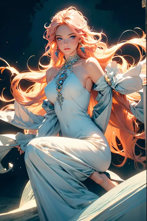 ((best quality)), ((masterpiece)), (detailed), detailed skin, Sapphire Eyes, Long Peach hair with thick waves, fluid dynamics, b...