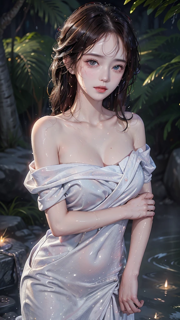 1 girl, solitary:1.2, (18 years old:1.2), Cute little trumpet, entity, Sweating of the skin, glowing skin, Slim, (Dull bangs: 1.2), Smile, Cute face, Exquisite eyes,, ((naked，Wrapped in a towel)), ((hot spring)), Beautiful breasts、Huge breasts:1.4，plump breasts(Not wearing), (wet), (Bend and take off), ((wet hair)), (Cross your arms behind your head), (Legs open),view, Looking at the camera, best quality,Super detailed, high resolution, Extremely detailed CG, Unity 8K wallpaper, official art, Creative arts, Novel Illustrations, by famous artist, Caustic lines, Textile shading, Super delicate skin, Perfect anatomical structure, detailed, Movie Lighting, Dynamic Lighting, 美丽而Exquisite eyes, (top quality), (Super detailed), (Masseter membrane), (high resolution), (The original), Character Conception, Game CG, detailed Manga Illustration, Realistic head to body proportions:1.2