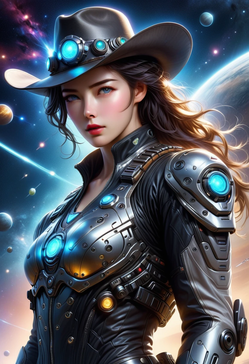 Space cowboy，ultra-detailed,realistic,galaxy,interstellar,1man，detailed eyes,detailed lips,cowboy aviation outfit,cowboy hat,technological clothing,light-emitting outfit.Correct human anatomy，body movements，Motion capture，Cyberpunk，Mechanical warhorse，gear，cyborg，Shoulder，arm，Waist