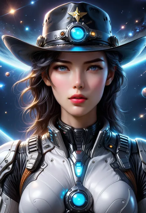 Space cowboy，ultra-detailed,realistic,galaxy,interstellar,1man，detailed eyes,detailed lips,cowboy aviation outfit,cowboy hat,tec...
