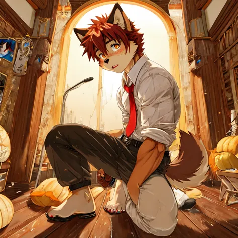 (masterpiece, best quality:1.2), very young wolf boys, having sex, in trousers,body covered in dark ginger fur, furry style,sexu...