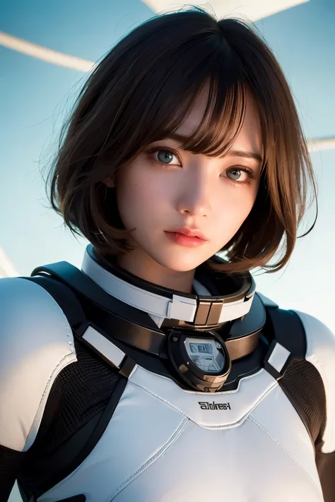 Ultra-high resolution、(Real:1.4)、One beautiful woman、Beautifully detailed eyes and skin、Light brown short hair、Full space suit、S...