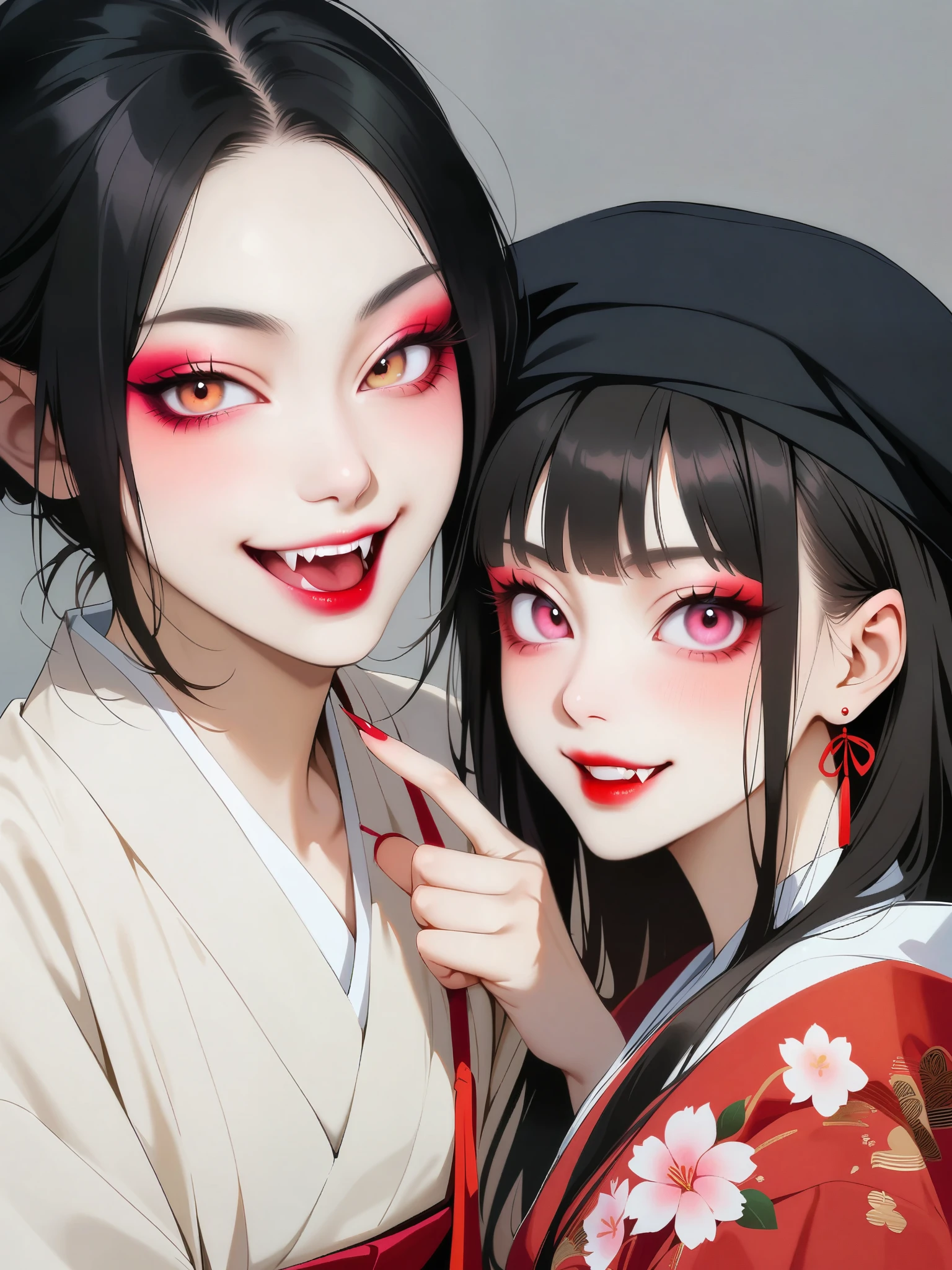 A beautiful Japanese woman with pink eyes, Long eyelashes and red lips，dressed in white Hanfu，Similar makeup to Ueno Yosuke，Selfie on Instagram，Vampire fangs protruding from between fingers. She has fair skin，Wearing a black hat decorated with flowers. Background color should be gray. Her expression conveys confidence or playfulness. 