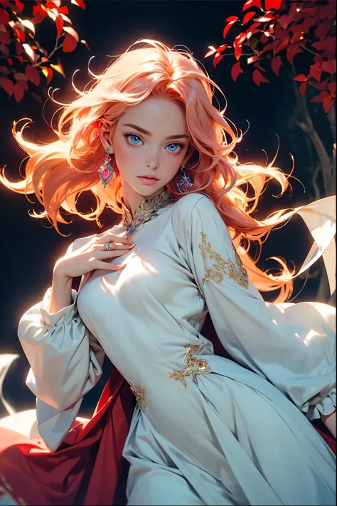 ((best quality)), ((masterpiece)), (detailed), detailed skin, sapphire eyes, long peach hair with thick waves, fluid dynamics, b...