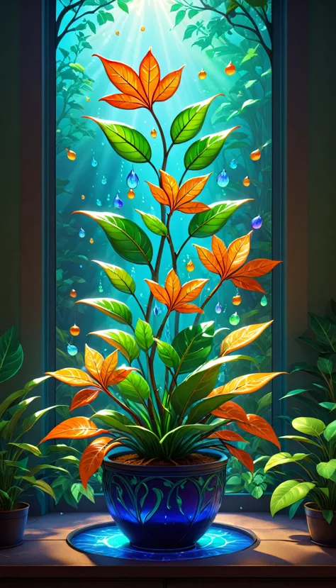 Stained glass style，(a magical plant，Colorful rainbow orange)，Leaves covered with nectar, Plants covered in liquid, Cute 3d rend...