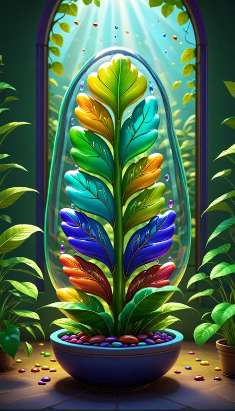 Stained glass style，(a magical plant，Colorful Rainbow Big M Bean Candy)，Leaves covered with nectar, Plants covered in liquid, Cu...