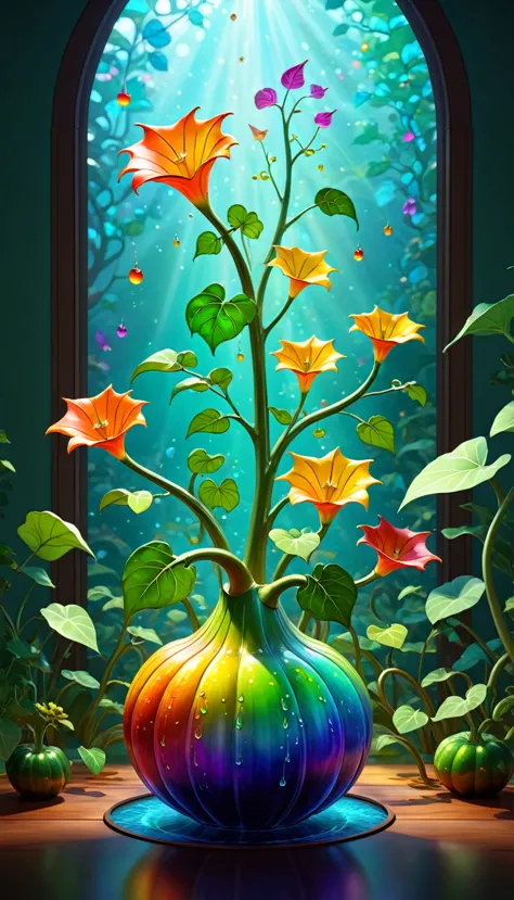 Stained glass style，(a magical plant，Colorful rainbow gourd)，Leaves covered with nectar, Plants covered in liquid, Cute 3d rende...
