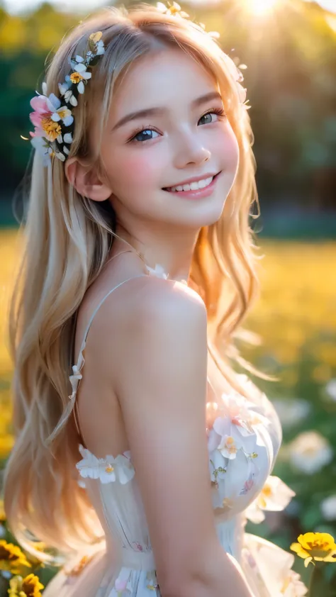 (a frontal semi-close-up portrait of an ethereal 18-year-old girl with long, flowing blonde hair, standing in a sunlit flower field:1.3),(large breasts:1.2),(her dress adorned with pastel-colored frills and ribbons perfectly complements the vibrant blooms ...