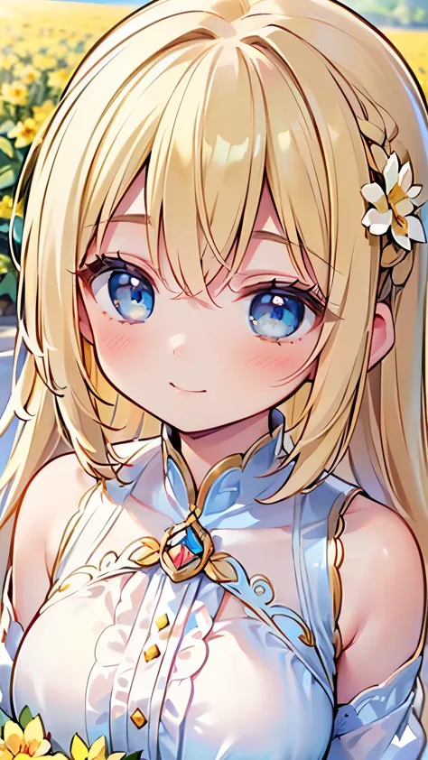(a frontal semi-close-up portrait of an ethereal 18-year-old girl with long, flowing blonde hair, standing in a sunlit flower field:1.3),(large breasts:1.2),(her dress adorned with pastel-colored frills and ribbons perfectly complements the vibrant blooms ...