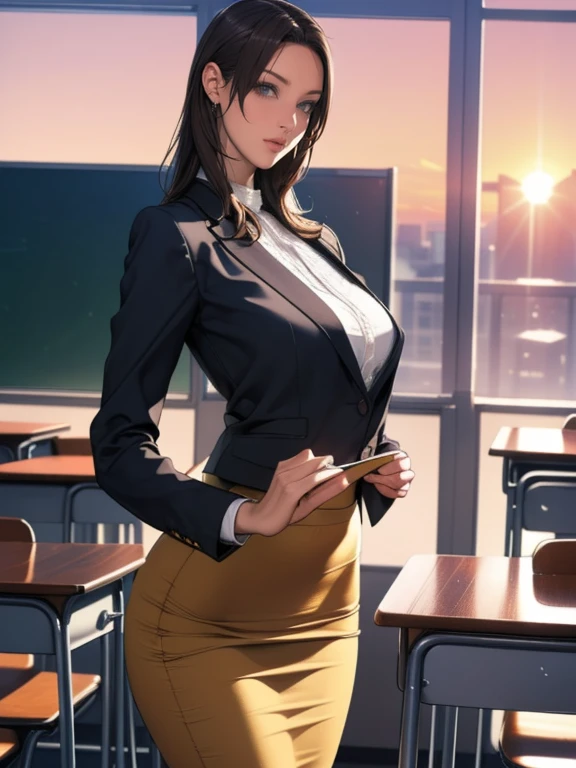 (8k,Photorealistic, masutepiece, Best Quality, Raw photo:1.3)、1woman in, 25years old,Solo,school girl, Long hair, Brown hair, Detailed beautiful face, alluring face, (Detailed beautiful brown eyes:1.2), medium breasts,(loose suit, sheer pencil Skirt :1.35), ( Perfect body skinny beauty: 1.4),( temptation Pose:1.3), (Looking at Viewer, front view,eyes focus:1.2), Detailed background, (sunset:1.2), classroom,fine detailed, intricate detailes,  Ray tracing, depth of fields, seductive smile,classroom,