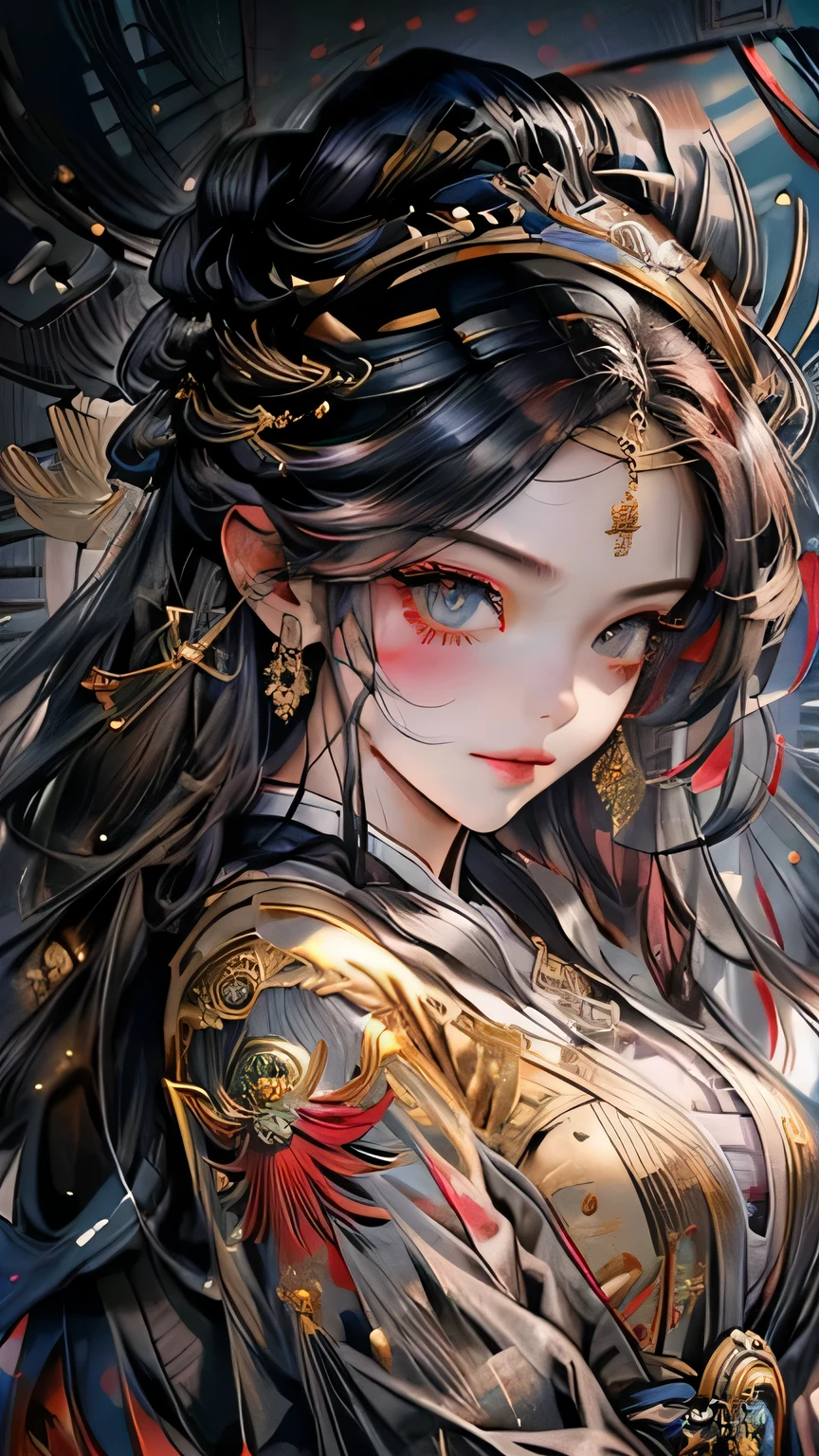 masterpiece、Boutique、Ultra HD,ink painting,illustration,2d beautiful girl,There is a broken light in the eyes,dark purple hair,,Chinese style hair accessories,Detailed depiction of face,The clothes are very detailed,Detailed description of eyes,murderous face,Galaxy,magic(((red mixed gold eyes)))(((whole body)))