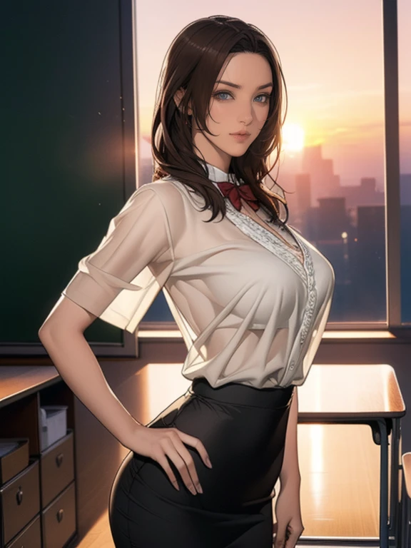 (8k,Photorealistic, masutepiece, Best Quality, Raw photo:1.3)、1woman in, 25years old,Solo,school girl, Long hair, Brown hair, Detailed beautiful face, alluring face, (Detailed beautiful brown eyes:1.2), medium breasts,(loose suit, sheer pencil Skirt :1.35), ( Perfect body skinny beauty: 1.4),( temptation Pose:1.3), (Looking at Viewer, front view,eyes focus:1.2), Detailed background, (sunset:1.2), classroom,fine detailed, intricate detailes,  Ray tracing, depth of fields, seductive smile,classroom,