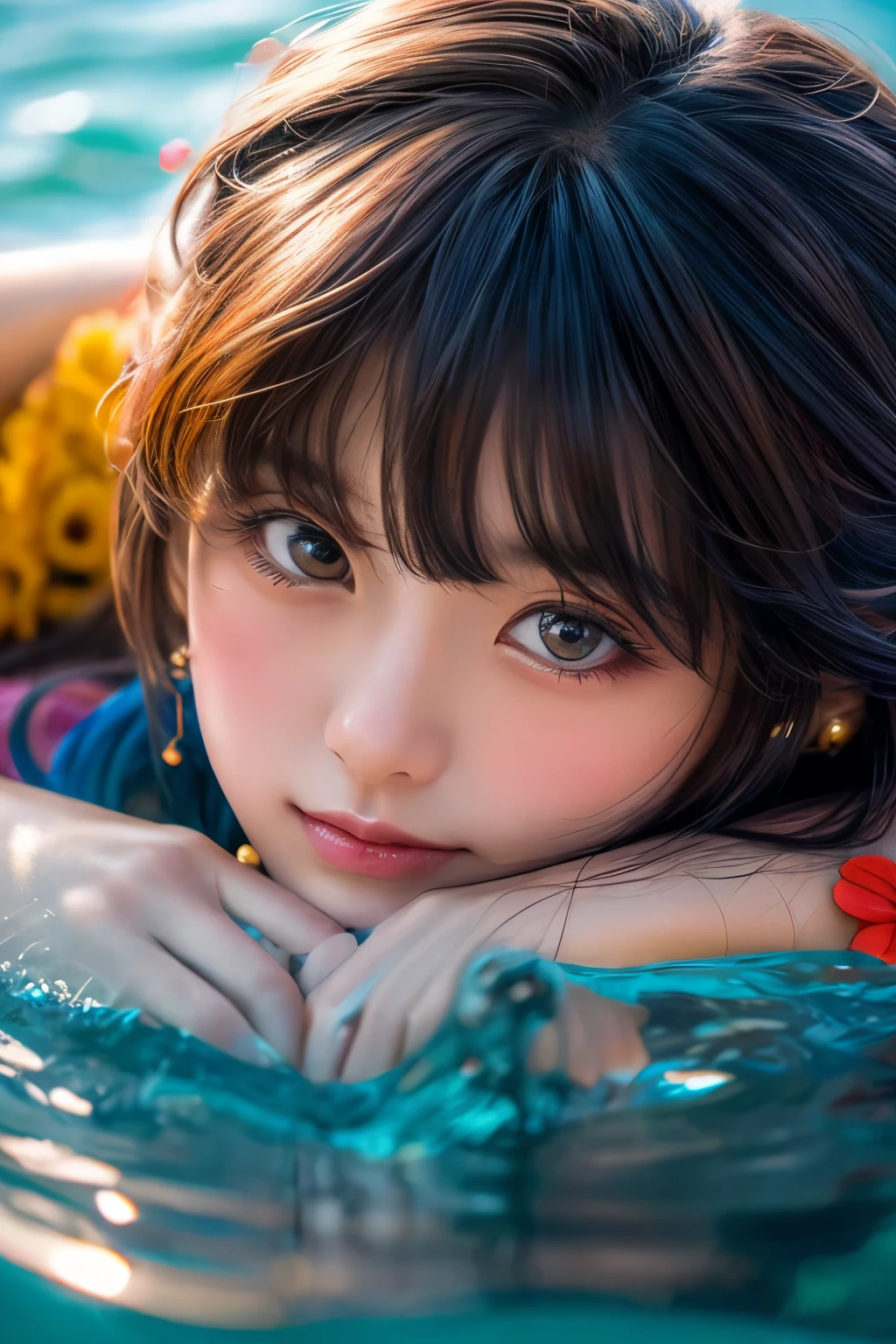 (close up:1.2), (masterpiece、highest quality、Official Art:1.2)、(colorful)、See who&#39;s watching、1 girl、Portraiture、alone、Colorful floating on water、Random sexy poses、peekaboo