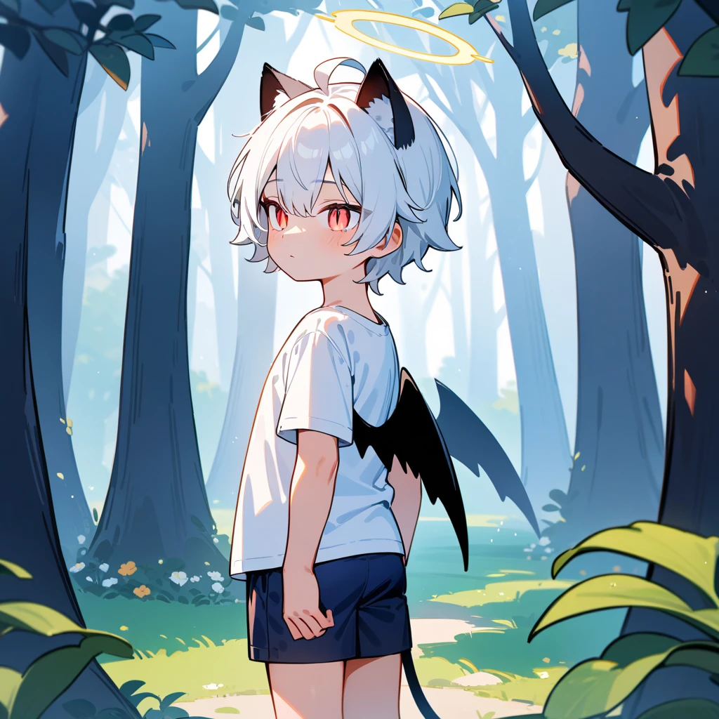 （masterpiece：1.2，high quality），8K，High resolution，A seven-year-old boy，cute boy，white hair，short hair，light red eyes，slit pupils， ahoge，cat ears，expressionless eyes，Halo，It has black wings on the back，wears a white short sleeved T-shirt，Dark blue shorts，Stand in the forest，There are flowering trees on both sides.，primary school student，thigh，alone，demon tail