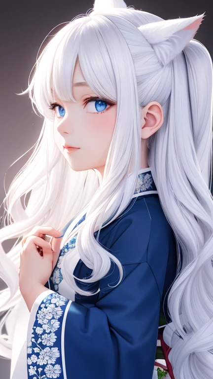 perfect face, long wavy white hair color, sharp eyes, blue eyes, solo, cat girl, feminine japanese clothing style, profile picture, bedroom background. 