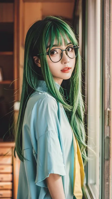 masterpiece, best quality,realistic,
1girl, solo,looking at viewer, indoors, green hair, glasses, upper body,
