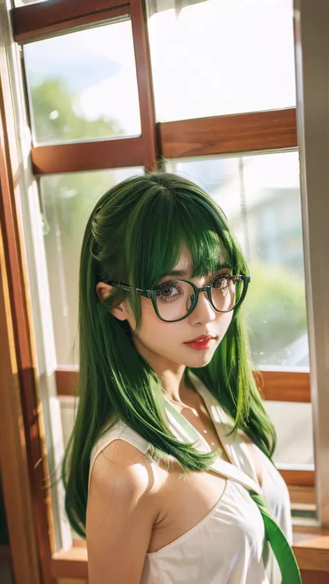masterpiece, best quality,realistic,
1girl, solo,looking at viewer, indoors, green hair, glasses, upper body,