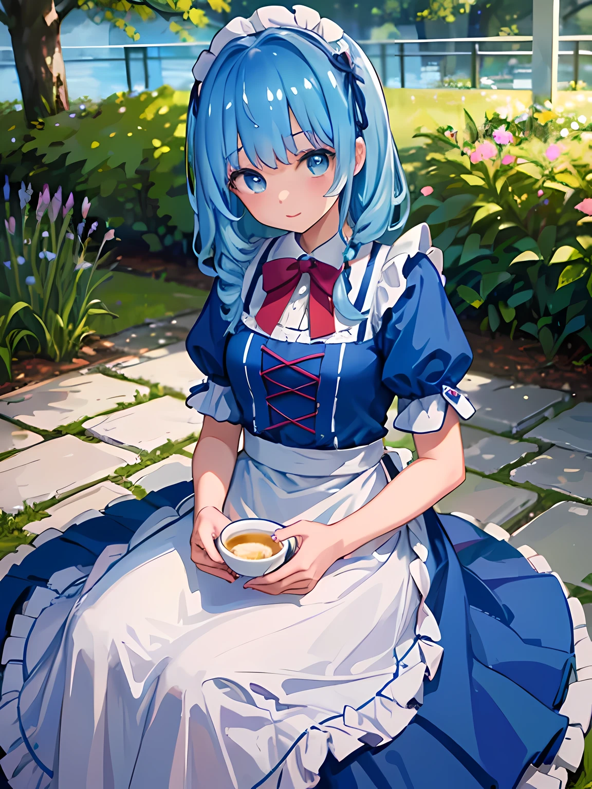 Yuriko did it (A million people live), 1 girl, alone, pretty girl,highest quality, Very detailed, 8k, High resolution, Bob Hair, Alice in Wonderland, Sky Blue Dress, Puffy sleeves, Ruffled Dress, White apron, Frill apron, garden, tea time,