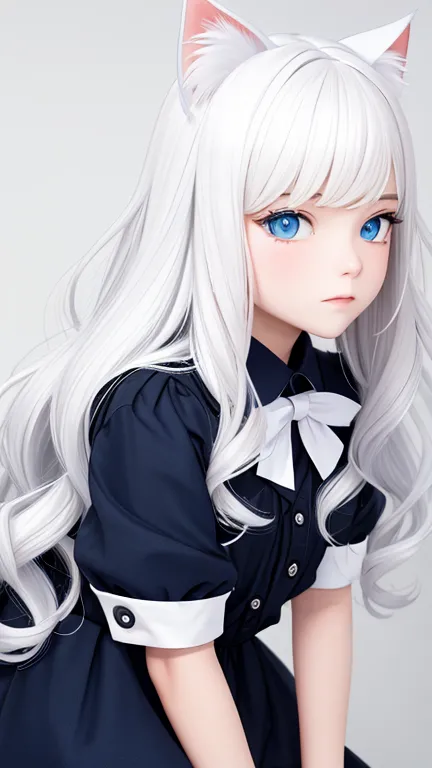 perfect face, long wavy white hair color, sharp eyes, blue eyes, solo, cat girl, tomboy clothing style, profile picture, bedroom...