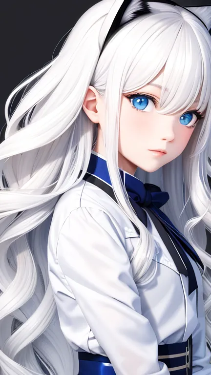 perfect face, long wavy white hair color, sharp eyes, blue eyes, solo, cat girl, tomboy clothing style, profile picture, bedroom...