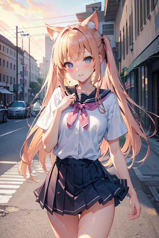 Highly detailed CG Unity 8k wallpaper、highest quality、Super detailed、masterpiece、practical、Photorealism、very detailed cute girl、(high school girl)、Miniskirt 、((Lift up your skirt))、blushing with shame、Looking at the audience、Half-body photo、On a street corner where many people gathered、(((Showing off genitals )))、(It&#39;s a shaved pussy)、(Beautiful vertical line pussy)
