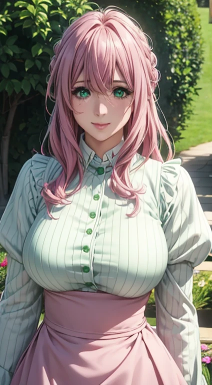 Cute girl, big breasts , long open hair, green color full sleeve clothes, white apron, green eyes and pink hair, short skirt, ultra realistic eyes , sunlight and garden background, bright purple eyes, ultra realistic detailed eyes, innocent eyes, looking at camera, beautiful smile, beautiful face ,pink color hair