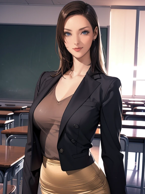 (8k,Photorealistic, masutepiece, Best Quality, Raw photo:1.3)、1woman in, 25years old,Solo,school girl, Long hair, Brown hair, Detailed beautiful face, alluring face, (Detailed beautiful brown eyes:1.2), medium breasts,(loose suit, sheer pencil Skirt :1.35), ( Perfect body skinny beauty: 1.4),( temptation Pose:1.3), (Looking at Viewer, front view,eyes focus:1.2), Detailed background, (sunset:1.2), classroom,fine detailed, intricate detailes,  Ray tracing, depth of fields, seductive smile,classroom,