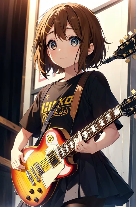 yuihirasawa, yui hirasawa, short hair, brown hair, hair ornaments, (brown eyes:1.5),smile,mouth wide open,sweat,wet clothes,wet ...