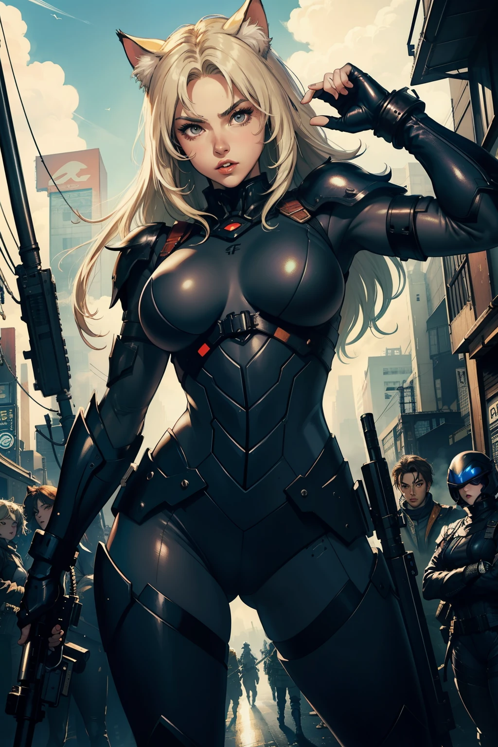 ((highest quality)), ((masterpiece)), (be familiar with), (High definition), 8K, Perfect Face、2Women、Two blonde women with cat ears、((LOL))、((Equipped with a large powered suit))、tall、2 Blonde cat ears、2. Long Hair、2. Volumetric hair style、Large Breasts、Narrow waist、Big Ass、glamorous、Alluring、protector、Armor、combat suit、Combat Boots、Armament、Equipped with large firearms、Cinematic、Best Shadow、Side lighting、NEO TOKYO、riot、explosion、tank、helicopter、(Close-up of face)